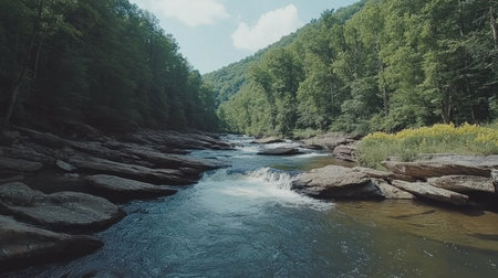 Photo of a rocky river running through the forest in West Virginia, USA, with rocks and greenery on both sides. The water is crystal clear as it flows over small boulders, and there is lush vegetation growing around them. In some places, yellow flowers grow along its banks, adding color to the scene. There is a blue sky above with white clouds. --chaos 30 --ar 16:9 --v 6.1 Job ID: fa9a0d65-aa7a-4d88-8547-8bde2fe404b3の素材
