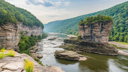 Photo of a rocky river running through the forest in West Virginia, USA, with rocks and greenery on both sides. The water is crystal clear as it flows over small boulders, and there is lush vegetation growing around them. In some places, yellow flowers grow along its banks, adding color to the scene. There is a blue sky above with white clouds. --chaos 30 --ar 16:9 --v 6.1 Job ID: fa9a0d65-aa7a-4d88-8547-8bde2fe404b3の素材