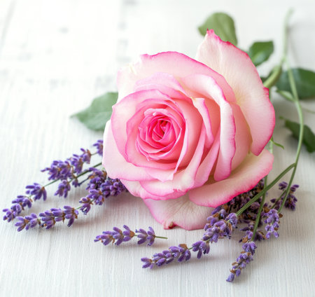 Pink roses and lavender on a light wooden table, close-up. A pink rose with a green stem, pink petals with purple edges, and several small violet flowers near the rose. A simple composition with soft lighting and a white background. High-resolution photography. --ar 16:15 --v 6.1 Job ID: 5bb56fe2-a3bc-46d5-aeb4-ba01ab65b2dcの素材