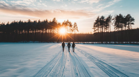 Two friends walking in the snow, a winter landscape with a sunset and forest in the background. People enjoying nature in the cold season, a happy moment of togetherness, with beautiful colors. A snowy path with trees, sun rays shining through the sky, and orange-pink hues. Captured with a Sony Alpha A7 III camera and a FE24-85mm f/4 G OSS lens. --chaos 30 --ar 16:9 --v 6.1 Job ID: d47e7879-4d2e-4458-ac3d-f1d88200a370の素材