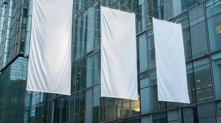Three blank, white fabric banners hang on the side of an office building, captured in daylight with ultra-realistic photography. --chaos 30 --ar 16:9 --v 6.1 Job ID: e55fd2a7-831f-4895-a6e3-3124c103fed8の素材