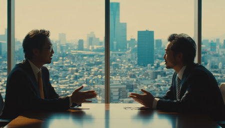 Two Japanese businessmen sitting and talking in an office with a city view. One man, wearing a suit, is explaining something to the other, while they both have their hands on the table in front of them. Captured in the style of Canon EOS R50. --ar 53:30 --v 6.1 Job ID: cbd6690d-34ac-4394-8df4-a1340248cde2の素材