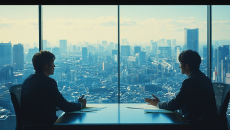 Two Japanese businessmen sitting and talking in an office with a city view. One man, wearing a suit, is explaining something to the other, while they both have their hands on the table in front of them. Captured in the style of Canon EOS R50. --ar 53:30 --v 6.1 Job ID: cbd6690d-34ac-4394-8df4-a1340248cde2の素材