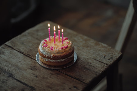Photo of a small birthday cake with pink candles on top, sitting alone on an old wooden table. Web banner with copy space on the right. --ar 3:2 --v 6.1 Job ID: 96241747-8bc9-44ff-8ce6-bf3885e6d3a3の素材