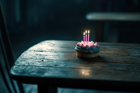 Photo of a small birthday cake with pink candles on top, sitting alone on an old wooden table. Web banner with copy space on the right. --ar 3:2 --v 6.1 Job ID: 96241747-8bc9-44ff-8ce6-bf3885e6d3a3の素材