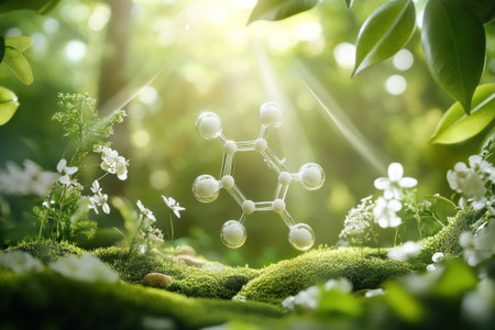 An organic chemical structure is floating above the ground, surrounded by moss and flowers in a green environment. The background features sunlight filtering through leaves, creating a natural atmosphere. There is an emphasis on detail with white structures and light beams. --ar 3:2 --v 6.1 Job ID: 4126aff5-8b39-4180-bd2a-cbabc3824ec4の素材