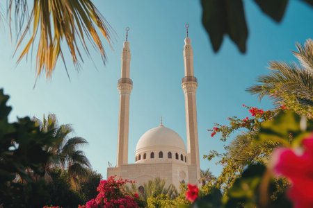 Photo of Sharm el-Sheikh's soft beige mosque with two tall minarets, surrounded by lush greenery and colorful flowers under a clear blue sky in Egypt's coastal city, shot on a Canon EOS C70 at eye level. --ar 3:2 --v 6.1 Job ID: 797bffb0-674f-44d1-8e02-3a31c2037fc9の素材