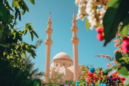 Photo of Sharm el-Sheikh's soft beige mosque with two tall minarets, surrounded by lush greenery and colorful flowers under a clear blue sky in Egypt's coastal city, shot on a Canon EOS C70 at eye level. --ar 3:2 --v 6.1 Job ID: 797bffb0-674f-44d1-8e02-3a31c2037fc9の素材