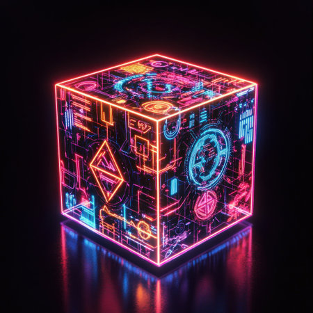 A vibrant neon cube with glowing edges, each side featuring different geometric shapes and patterns, representing the intricate structure of data science in an abstract form. The background is dark to highlight the colors and details on the box. --v 6.1 Job ID: bc73bb96-907d-46ba-9abd-251b6f78fdf6の素材