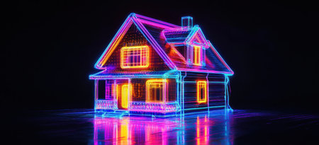 A house made of neon lights glowing in the dark, creating an enchanting and vibrant atmosphere. The house is illuminated with multiple colors of light that create intricate patterns on its exterior walls. In front of it lies a reflective surface reflecting these colorful lights, adding to the overall visual effect. This scene symbolizes modern home technology and energy efficiency through digital art techniques. --ar 11:5 --v 6.1 Job ID: 62b473de-641e-4b29-88ba-380a0040fa8bの素材
