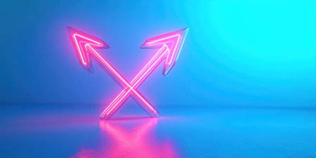 3D render of two arrows made from glass with neon light on a blue background, high-resolution photography. --ar 2:1 --v 6.1 Job ID: c036fcc7-5a58-4eb5-9c11-5050a2b7061aの素材