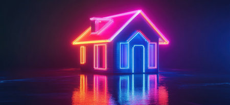 A house made of neon lights, glowing in vibrant colors against the dark background, creates an atmosphere that feels like it's floating out from within its structure. The light creates reflections on surrounding surfaces and adds energy to your design composition. --ar 11:5 --v 6.1 Job ID: e78f2ed6-7796-4845-ad1c-716f06c85194の素材