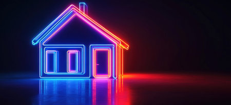 A house made of neon lights, illuminated in vibrant colors against the dark background. The glowing outline defines its shape and features, creating an atmosphere reminiscent of retro-futuristic technology. This visual representation is perfect for showcasing your unique home or interior design concept, adding energy to any space. --ar 11:5 --v 6.1 Job ID: 8c3659db-8ab0-4e78-898b-4325064898d1の素材