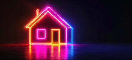 A house made of neon lights, illuminated in vibrant colors against the dark background. The glowing outline defines its shape and features, creating an atmosphere reminiscent of retro-futuristic technology. This visual representation is perfect for showcasing your unique home or interior design concept, adding energy to any space. --ar 11:5 --v 6.1 Job ID: 8c3659db-8ab0-4e78-898b-4325064898d1の素材