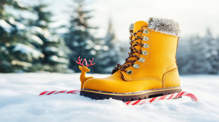 Christmas background with a yellow boot, a small reindeer, and a candy cane on the snow. --chaos 30 --ar 16:9 --v 6.1 Job ID: ef3ebea0-4663-4fe8-978f-821f55b042a4の素材