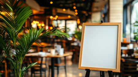 A blank white A4 frame is on display in an indoor shopping mall, standing upright at the entrance of the restaurant area with a high ceiling and glass windows. The scene is illuminated by warm lighting from interior lights, creating soft shadows around the black wooden stand holding up the frame. In front of it lie potted plants, adding to its natural look. There's a blurred background showing tables and chairs inside the dining hall. --chaos 30 --ar 16:9 --v 6.1 Job ID: f46b3cd7-9b6b-4555-827e-ac291a0c34acの素材