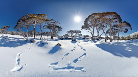 Panoramic view of a snow-covered landscape with trees and hills in winter. It's a beautiful, sunny day, with bright sun rays and a blue sky. The snow-covered ground has footprints leading to the distant horizon, creating a serene nature background. --chaos 30 --ar 16:9 --v 6.1 Job ID: 0b83d9be-8f26-4a94-87a3-ee973dc6871bの素材