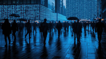 The stock market, people walking in the street, and a digital display screen showing the background of a grenade wallpaper, the winner of a stock photo contest, with blue lights. --chaos 30 --ar 16:9 --v 6.1 Job ID: 26852290-2907-4aa3-b110-7547ab44836aの素材