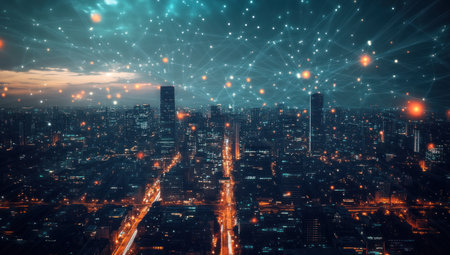 A digital cityscape with glowing lines connecting buildings and roads, representing the connectivity of smart cities in the AI era. --ar 53:30 --v 6.1 Job ID: e6a0f37e-8024-4578-a608-48d1b926c2aeの素材