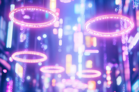 Blurred city lights at dusk with a purple sky, creating an abstract bokeh background. The blurred lights create circular halos on the right side of the composition. In the foreground is a blurry urban skyline, illuminated by colorful streetlights and neon signs. This scene creates a dreamy atmosphere that evokes a sense of mystery and wonder in its soft focus and pastel colors. --ar 3:2 --v 6.1 Job ID: 03c24731-d640-41e2-8e63-39745f493d88の素材