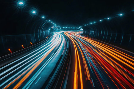 A photograph of the light speed tunnel, featuring colorful lights, long exposure, motion blur, light trails, and time-lapse photography. --ar 3:2 --v 6.1 Job ID: c983911c-8189-4bff-a297-013d4c744e23の素材