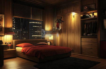 A modern bedroom with wooden walls and a brown wardrobe, a modern bed with a red linen sheet, a black rug on the floor, warm lighting from lamps on the wall and ceiling lights, a wardrobe filled with hanging on shelves, hyper-realistic. --ar 23:15 --v 6.1 Job ID: d272e3d7-e5a9-4235-a0e3-d957b275daaeの素材