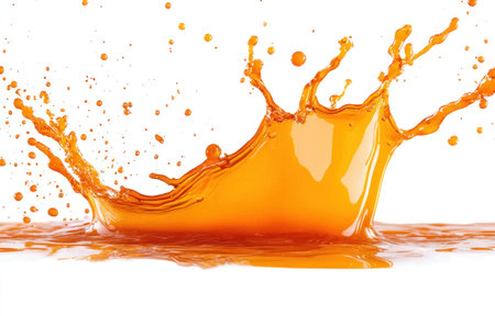 Vibrant orange liquid splashing, isolated on a white background. A simple and clean look, with no shadow effect. Captured at a wide angle, with high resolution, high quality, and high detail. Sharply focused, with a hyper-realistic, detailed photographic style. This stock photo features professional color grading and an award-winning composition, resulting in a high-definition image with insanely intricate details. --ar 47:30 --v 6.1 Job ID: 6fc74a75-470f-4919-95f3-b83c85394f9bの素材