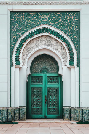 A photo of an Islamic archway with intricate patterns and arabesque designs, leading to the entrance door in Moroccan-style architecture of the Macia Palace. The walls are white with green tiles, featuring strong lines, organic shapes, and geometric details. --ar 2:3 --v 6.1 Job ID: aa3cb5d9-b76f-41ac-b88c-ea3d9753cc4bの素材