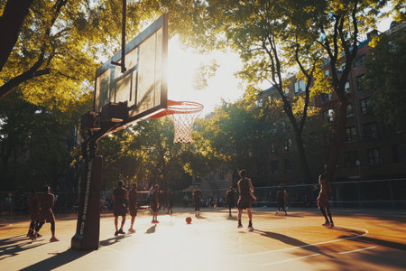 A basketball game in New York City, shot from the back of the court with an overhead view of the hoop and the ball going through it. The scene is cinematic, with a wide-angle perspective, trees in the background, and people playing on both sides. The afternoon sun casts a warm glow over the scene. The shot was captured using an Arri Alexa Mini camera, in the style of Wes Anderson, with a shallow depth-of-field. --ar 3:2 --v 6.1 Job ID: 275399ba-0a0a-4866-acf2-3871e1a018faの素材