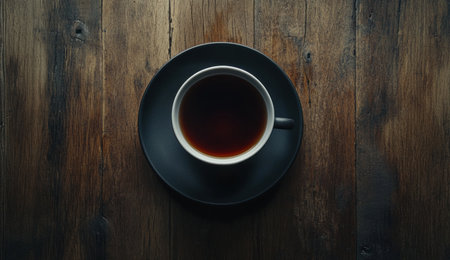 A cup of black tea on the table, top view, wooden background, high-resolution photography, professional color grading, soft shadows, low contrast, clean sharp focus. --ar 26:15 --v 6.1 Job ID: 92b53a14-c00c-4422-b6d0-b196eb8b2e48の素材