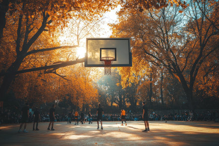 A basketball hoop is suspended high above the court, with an empty space beneath it for me to place my face. The background features trees and people playing in front of them. In autumn, sunlight shines through the leaves on one side of the scene, creating a warm atmosphere. Using a cinematic style, the camera captures the moment when players shoot basketballs towards the hoop from different angles. --ar 3:2 --v 6.1 Job ID: 3dfd3476-933a-4a19-809f-2ce74245440fの素材