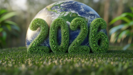 3D rendering of the word "2026" with green grass and trees on top, an Earth globe in the background. A green environment concept for World Health Day, sustainable development, and the year sign, with a nature background. --ar 53:30 --v 6.1 Job ID: 608b5763-aef9-43c6-b712-be5a726a9a8cの素材