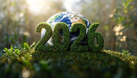3D rendering of the word "2026" with green grass and trees on top, an Earth globe in the background. A green environment concept for World Health Day, sustainable development, and the year sign, with a nature background. --ar 53:30 --v 6.1 Job ID: 608b5763-aef9-43c6-b712-be5a726a9a8cの素材