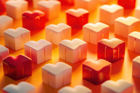 A background of red hearts and white gift boxes on an orange-yellow gradient, a Valentine's Day concept. Wide-angle lens, natural lighting. --ar 128:85 --v 6.1 Job ID: c6fe57df-3757-41ea-94a6-4e9596b3b012の素材