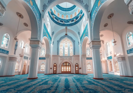 The beautiful white and blue-colored QolÅÃ¤rif Mosque in Kazan city, Tatarstan, with the sunset light, a panoramic view, travel photography. --ar 22:15 --v 6.1 Job ID: 596b94e3-15c2-4ee5-959d-d66e5919ab2cの素材