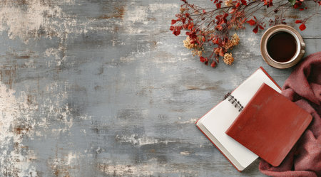 A flat lay composition of an open notebook, a coffee cup, and some flowers on a grey wooden table with copy space. Flat lay style, top-down photography, high resolution. --ar 128:71 --v 6.1 Job ID: fa103a36-2212-452d-896a-95ea0be16255の素材