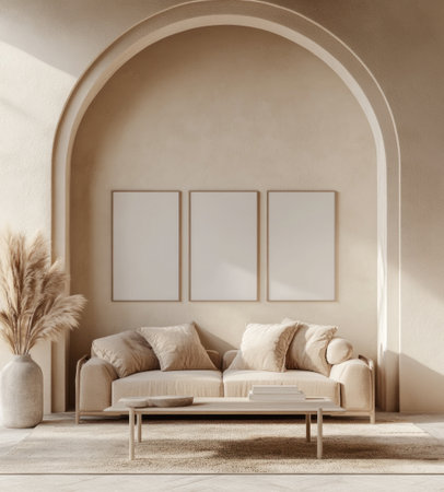 An arched-shaped wall with blank poster frames, in the center of the room is a sofa and coffee table, neutral tones, boho vibes, hyper-realistic photography, beige aesthetic, arched doorway composition, cinematic lighting, soft light, high quality. --ar 9:10 --v 6.1 Job ID: 15a74edd-f4ba-4bfb-8331-a700b0df873aの素材