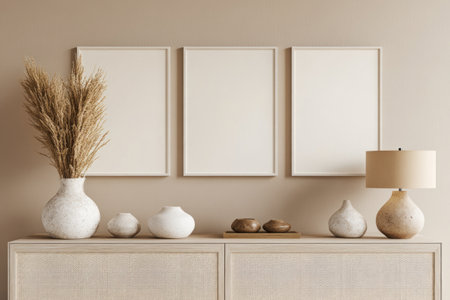 3 mock-up frames on a beige wall, a sideboard with lamps and vases, a simple background, soft lighting, natural colors, minimalistic, hyper-realistic. --ar 3:2 --v 6.1 Job ID: ec29c6c7-9377-4790-b1f7-504fb4cb4abbの素材