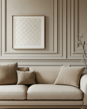 3D rendering of a blank picture frame on a wall, a beige sofa in front of the couch, Scandinavian-style interior design, a close-up shot, a minimalist living room with neutral tones and soft lighting, inspired in the style of a quilted texture, Fujifilm Pro 400H. --ar 4:5 --v 6.1 Job ID: eba4029c-7b17-40b9-8d80-6cd32f1def9aの素材