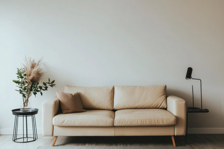 Minimalist living room with a beige sofa and black side table against a white wall, a beige leather couch, minimal home decor, black accessories, a grey rug, and a simple interior design. --ar 3:2 --v 6.1 Job ID: 3fe5e691-7fe0-4bac-bb26-dd5be12a774bの素材