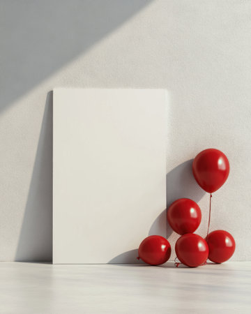 A blank white canvas mockup, standing upright on the floor against an empty wall with red balloons in front of it. The background is a plain light gray color, creating contrast and highlighting the artwork's texture. A soft shadow falls from above to give depth to its appearance. This scene embodies minimalism while showcasing vibrant colors for visual appeal. --ar 4:5 --v 6.1 Job ID: 49df57b6-fbb8-4fee-8725-f08cc3eb2318の素材