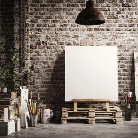 A blank white canvas on wooden pallets, surrounded by various art supplies and an industrial lamp hanging from the ceiling, set against a brick wall background. The scene is captured in a realistic style with a focus on textures and lighting to highlight details of each element. --v 6.1 Job ID: f70d9911-f885-4bc8-9a33-334ff06c4ae5の素材
