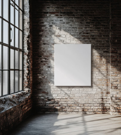 A blank canvas on the wall of an old brick room, an empty canvas mockup in high definition, realistic in appearance. --ar 9:10 --v 6.1 Job ID: 17d9b949-89f1-45f1-abc5-342d5266cdd3の素材