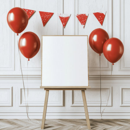 A blank white poster on top of an empty table, in front of a wall with wooden panels and birthday decorations, including red balloons, bunting flags, and a wood art frame mockup. This is a simple, feminine, and colorful stock photo composition. --v 6.1 Job ID: 41e87224-db4c-4571-9d0a-d6ba70915ae8の素材
