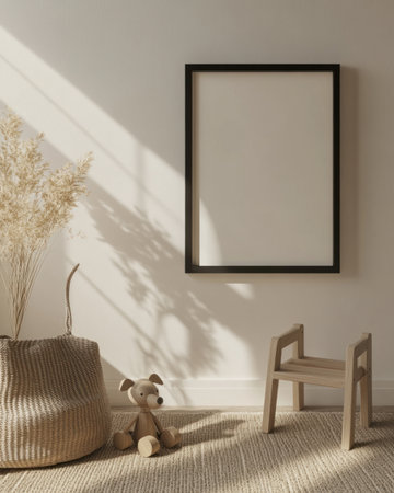 3D rendering of an empty black frame on the wall of a children's room with wooden toys in the style of Scandinavian design, a mockup for an artwork or poster print template, minimalist interior design, high-resolution photography, insanely detailed with fine details, isolated on a plain background, stock photo quality. --ar 4:5 --v 6.1 Job ID: 439ac15f-beff-4f33-acf7-90916c23b479の素材