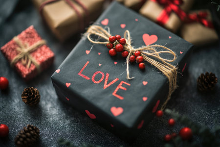 A gift box wrapped in black paper with red hearts and the inscription "LOVE" decorated with small berries, several gifts of different sizes lie nearby on a dark background, macro photography, high-resolution camera shot, stock photo style. --ar 128:85 --v 6.1 Job ID: 0476a804-5782-42d5-be68-8a8cb2c881fbの素材
