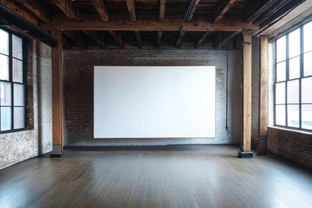 A large white wall with an LED light bar in the middle of a room with wooden floors and industrial-style architecture. The walls have a dark brown brick texture, and there is one window at each end of the space. A mock-up frame hangs on two columns beside the main focal point. A blank canvas hangs from three wooden beams above the central wall. This setting creates a contemporary vibe for product photography. --ar 3:2 --v 6.1 Job ID: cdb6c364-8215-471f-968e-ab5972dcffebの素材