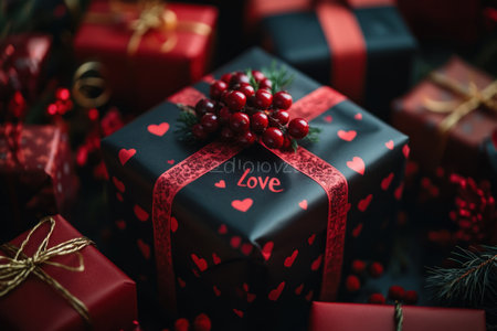 A black gift box wrapped in red paper with a hearts pattern and the text "love" on it, set against a dark background with many other gifts around it. The present has berries on top, creating a dark and atmospheric scene. Captured with a Canon EOS R5 camera. --ar 128:85 --v 6.1 Job ID: ab24b608-cd20-4077-acde-f5384ae6fe00の素材