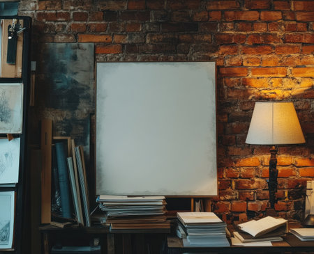 A blank canvas on the wall of an industrial-style room, with books and papers around it. A lamp is also placed next to the picture frame. The background wall has red bricks, reflecting a modern interior design. This is an ultra-realistic photography. --ar 37:30 --v 6.1 Job ID: bd7bf75d-d543-4260-84f9-54bd878c2664の素材