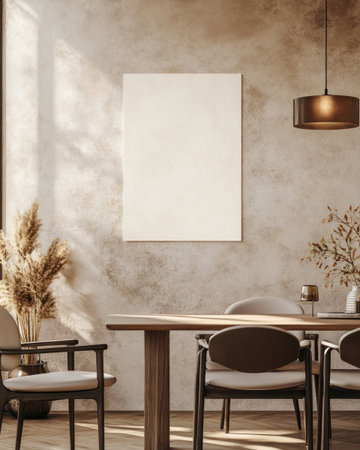 30x45cm blank white poster mockup, on the wall of an elegant dining room with modern chairs and a wooden table, warm lighting, beige tones, Scandinavian style, minimalist decor, boho decoration, natural elements, high resolution, detailed textures, professional photography, perfect composition, clean background, soft lighting, cinematic. --ar 4:5 --v 6.1 Job ID: 3e73c929-9952-4870-8906-1097455fb331の素材